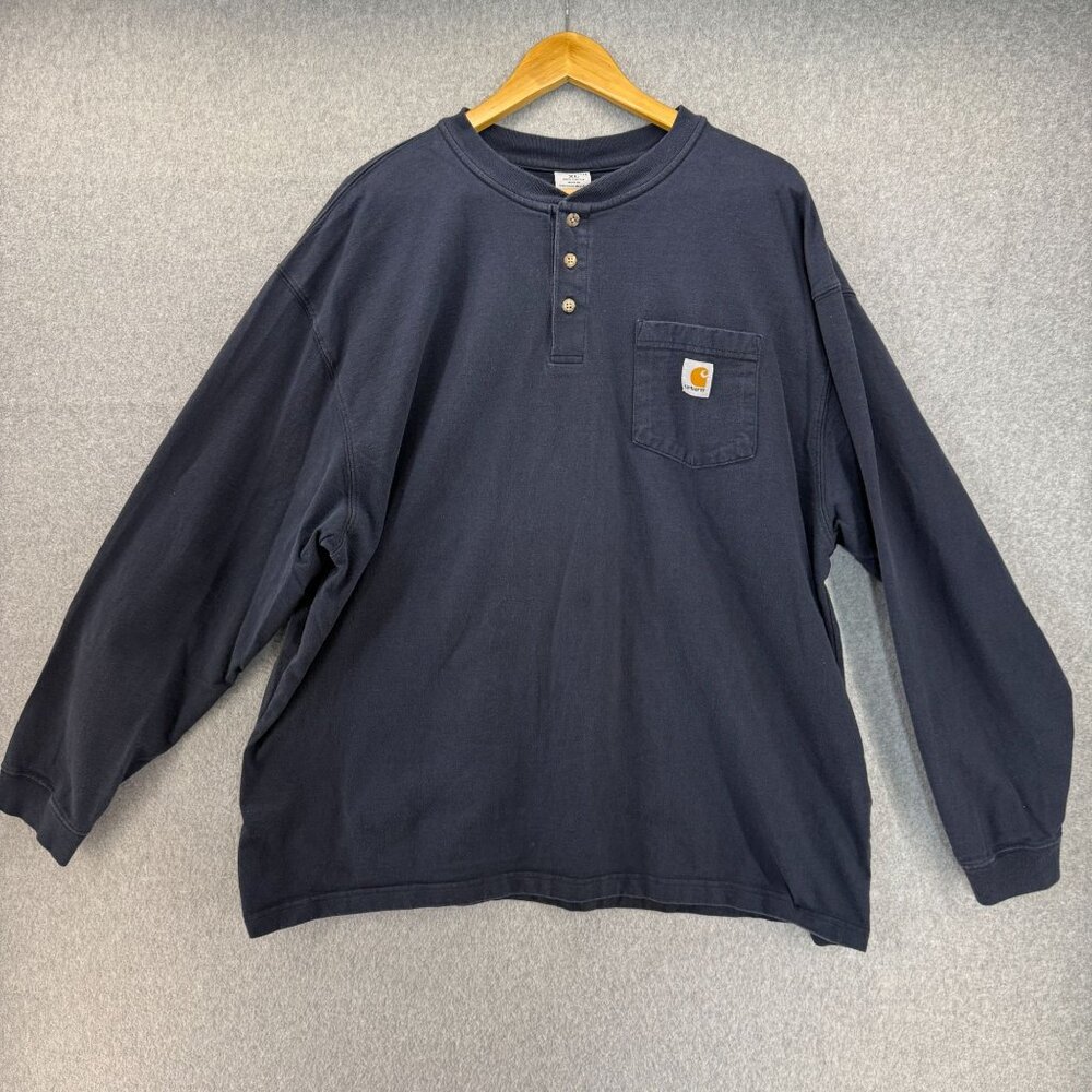 Carhartt Mens XL Navy Blue Long Sleeve Henley Shirt Chest Pocket Button Detail